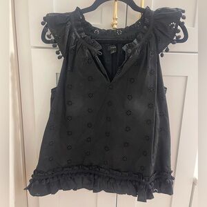 J. Crew Black Eyelet Top with Pom-Pom Detail
